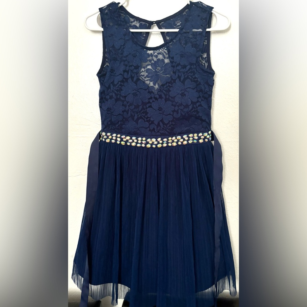 Dark blue homecoming dress with a rhinestone belt
